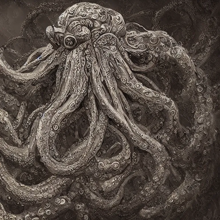 Prompt: a dramatic and beautiful digital matte painting of large realistic octopus with legs made of fractal celtic knots, trending on cgartist, hi-fructose, mandala, ultra detailed 8k
