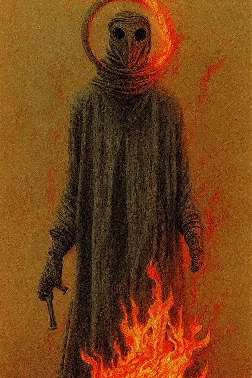 Image similar to plague doctor from iron gridle but human form, destroyed city and flames by zdzislaw beksinski, color