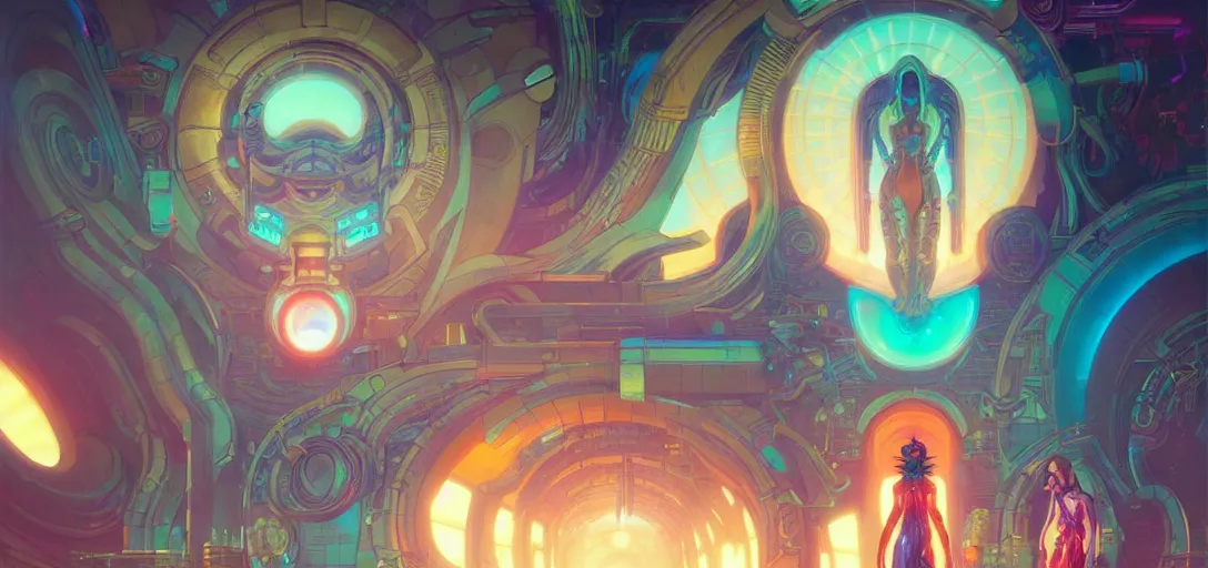 Image similar to a cybernetic temple, vaporwave aesthetic, colorful, psychedelic, digital painting, artstation, concept art, smooth, sharp focus, illustration, art by artgerm and greg rutkowski and alphonse mucha