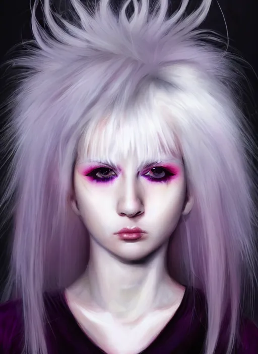 Image similar to hair whitebangs hair, white cyberlox, portrait of normal teenage girl, normal face, black bangs, messy bangs, fluffy bangs, cyberlox, whitebangs, red contact lenses, purple background, intricate, elegant, highly detailed, digital painting, artstation, concept art, sharp focus, smooth, illustration, art by wlop, mars ravelo and greg rutkowski