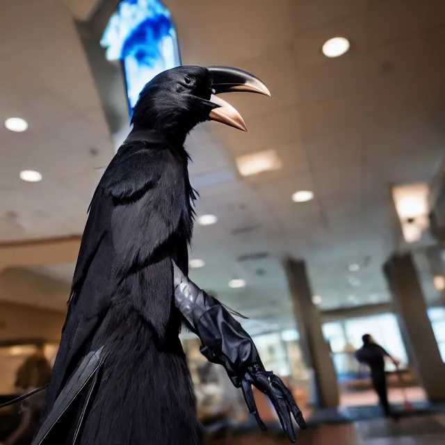 Prompt: a person wearing a fursuit of a crow fursona, fursona, furry convention, hotel lobby, indoors, photograph, furry fandom, photorealistic,