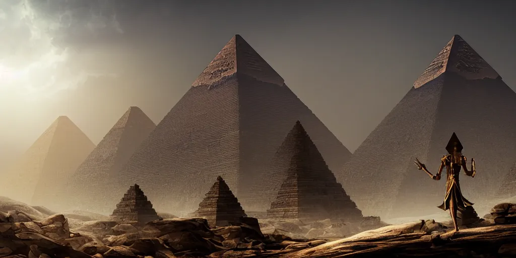 Image similar to Photorealistic epic intricate detailed dark wizard with arms outstretched, casting spells in front of an ominous Egyptian pyramid. a gentle rising mist, an epic rocky landscape. occult photorealism, UHD, amazing depth, glowing, golden ratio, 3D octane cycle unreal engine 5, volumetric lighting, cinematic lighting, cgstation artstation concept art