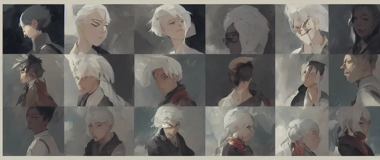 Image similar to character face study, multiple angles, directions and moods. faces only, girl with white hair, concept art finely detailed perfect art, painted by greg rutkowski makoto shinkai takashi takeuchi studio ghibli, pinterest, cevagraf comics