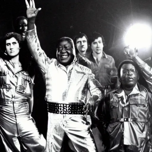 Image similar to A movie still of Idi Amin wearing a disco suit in Satuday Night Fever