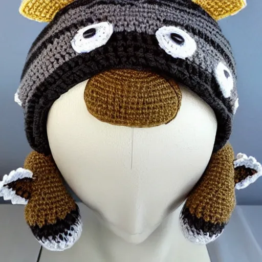 Prompt: a crocheted raccoon hat, very detailed, animal hat, product photo, promotional image