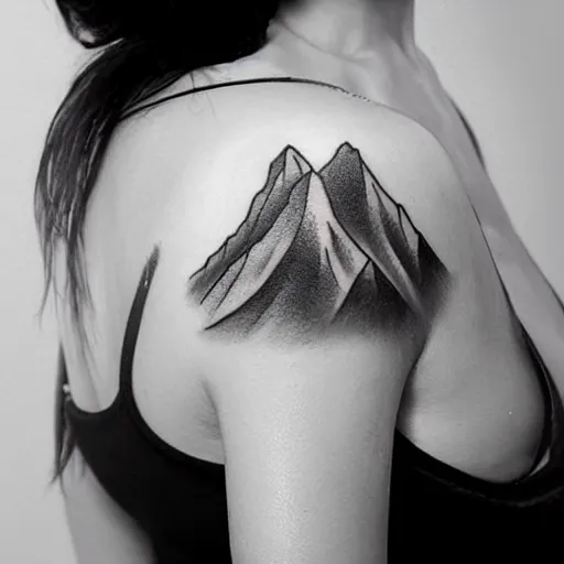 Prompt: tattoo design sketch of a beautiful girl standing against a faded background of beautiful mountain scenery, hyper realistic