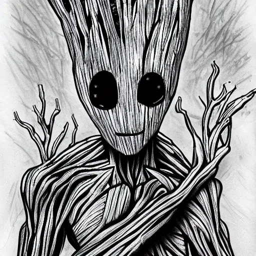 Image similar to groot baby ghost dark cyber scifi ambiance drawing