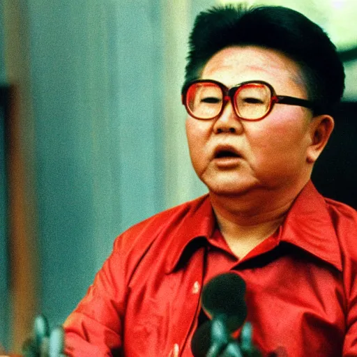 Image similar to filmstill of Kim Jong-il wearing a red bandana and aiming an arc in the role of Rambo, cinemascope, Eastman Color Negative 50T 5251 Neg. Film