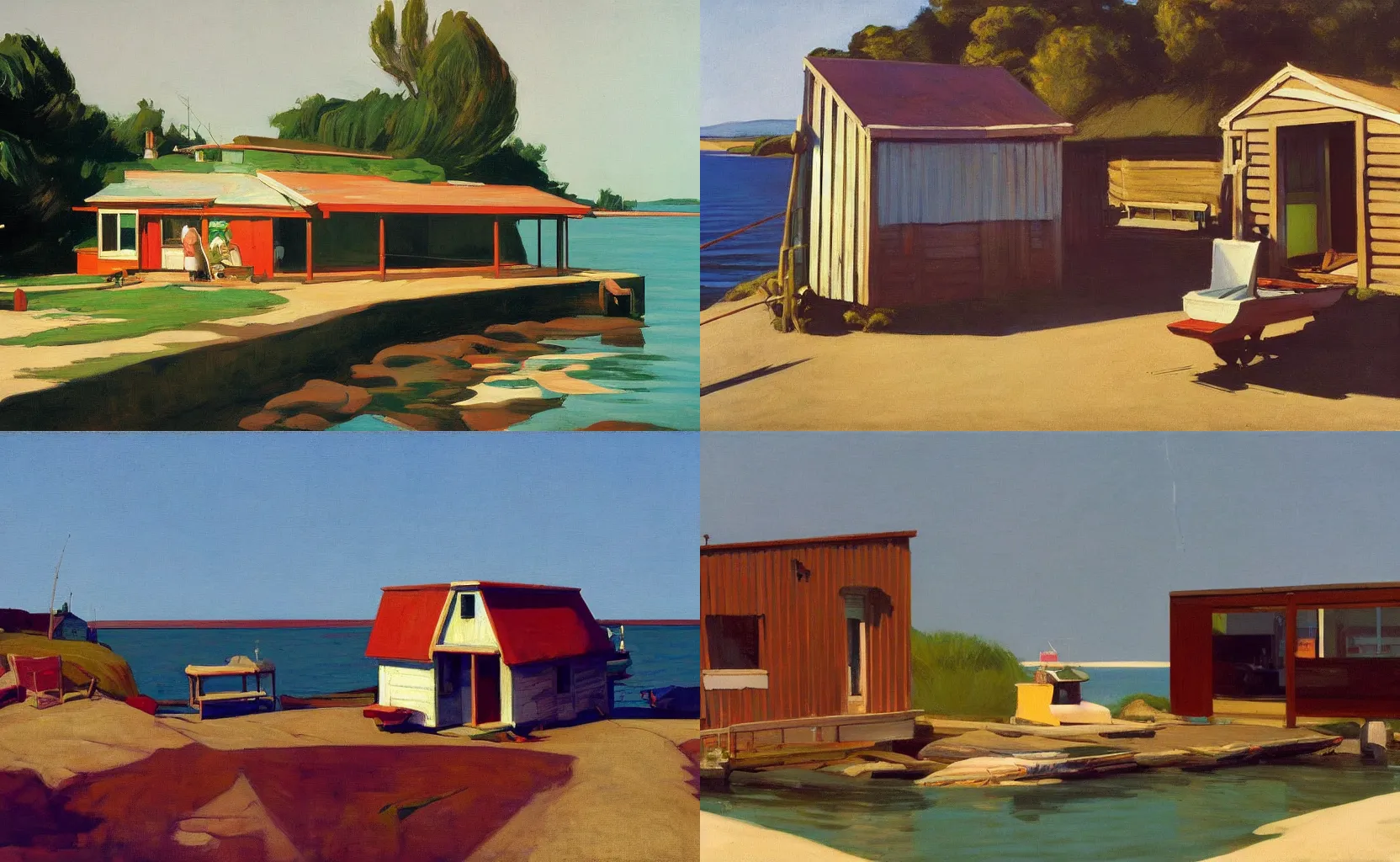 Prompt: a small rustic fishing shack by the portside, painting by Syd Mead, Edward Hopper and William Eggleston