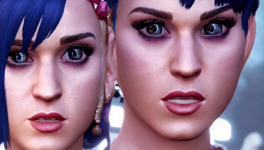 Image similar to character screenshot of katy perry, skyrim, enb, 4 k, bokeh, beautiful, detailed