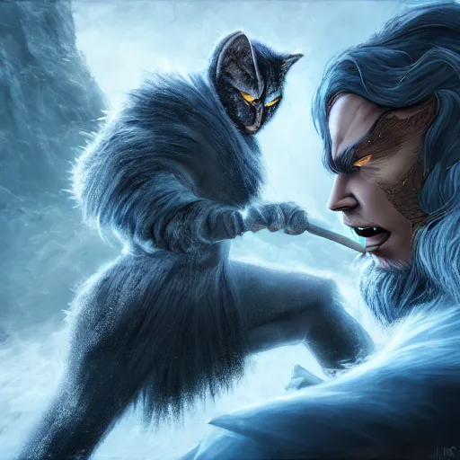 Prompt: a catperson facing off against a frost giant, fantasy art, 4 k