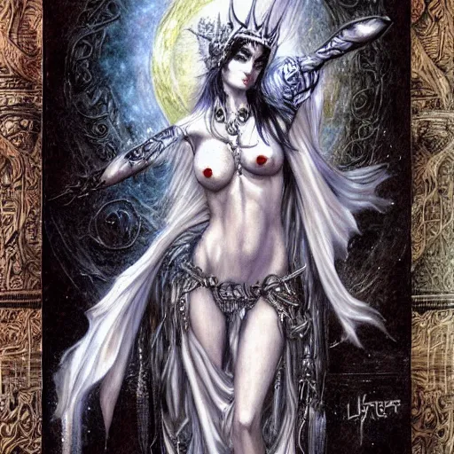 Image similar to Female Jester deity, salute to the moon, painting by Luis Royo