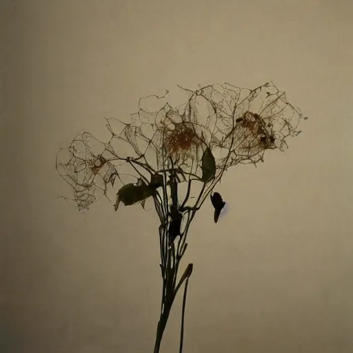 Prompt: The sculpture is a beautiful and haunting work of art of a series of images that capture the delicate beauty of a flower in the process of decaying. The colors are muted and the overall effect is one of great sadness. photorealism by George Tice, by Eugene von Guerard, by Hideyuki Kikuchi aesthetic, muted