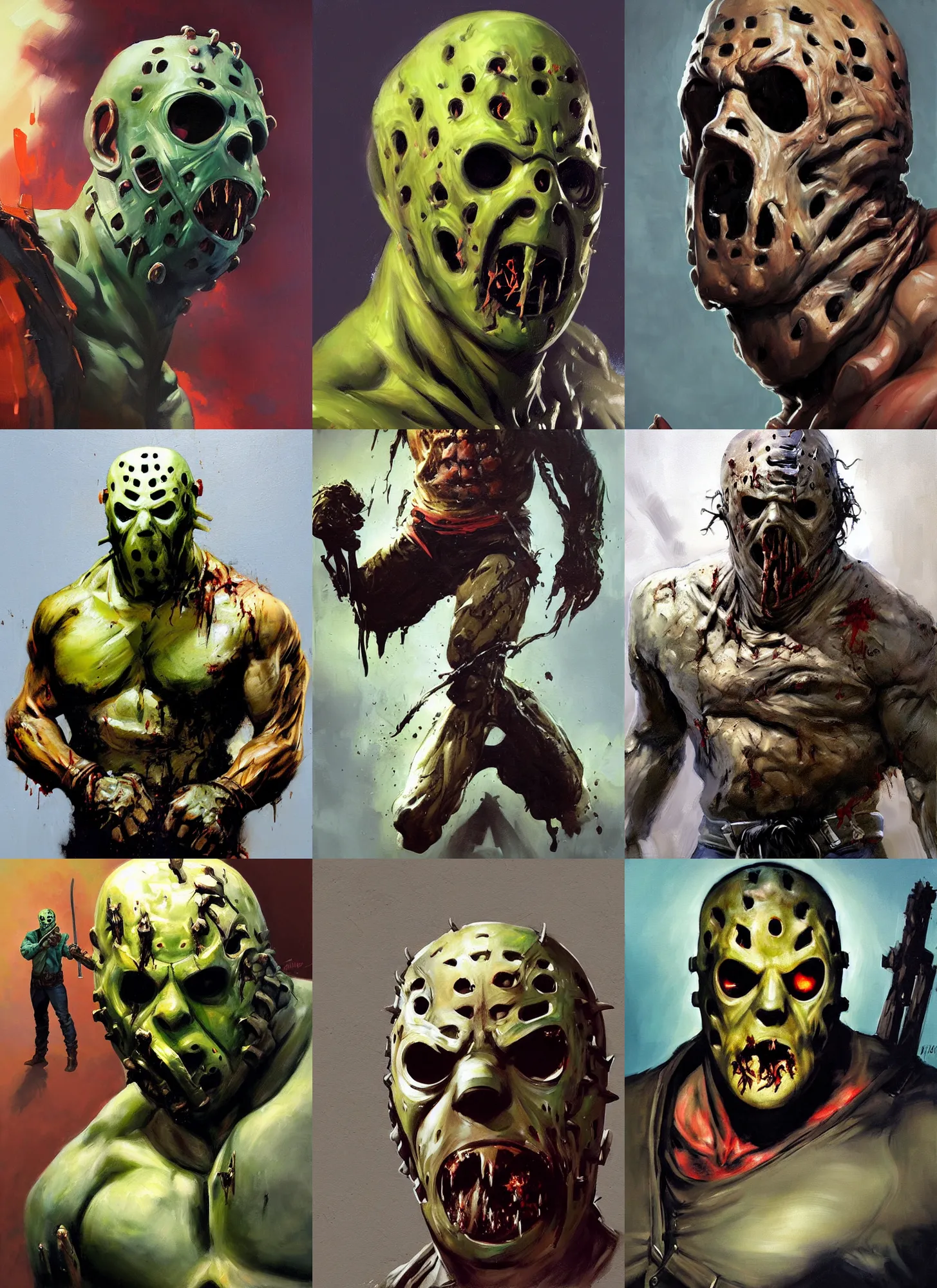 Prompt: greg manchess mid shot portrait painting of zombie hulked muscular jason voorhees frankenstein from evil dead mortal kombat as overwatch character, medium shot, asymmetrical, profile picture, organic painting, sunny day, matte painting, bold shapes, muscular, machete, hard edges, street art, trending on artstation, by huang guangjian and gil elvgren and sachin teng