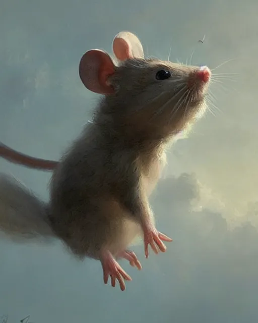 Image similar to a small mouse looking upwards, viewed from behind, digital portrait by greg rutkowski, fantasy art, concept art, by disney concept artists, cinematic lighting, evening light, trending on artstation, cgsociety