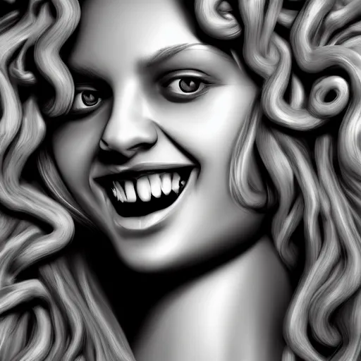 Prompt: medusa portrait marble, black and white, wicked smile, artstation, detailed, blurred background