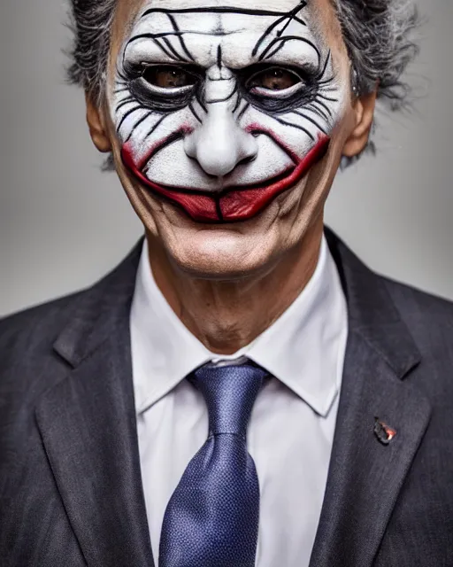 Prompt: Mauricio Macri in Elaborate Cat Makeup and prosthetics designed by Rick Baker, Hyperreal, Head Shots Photographed in the Style of Annie Leibovitz, Studio Lighting, Mauricio Macri as the Joker as a cat