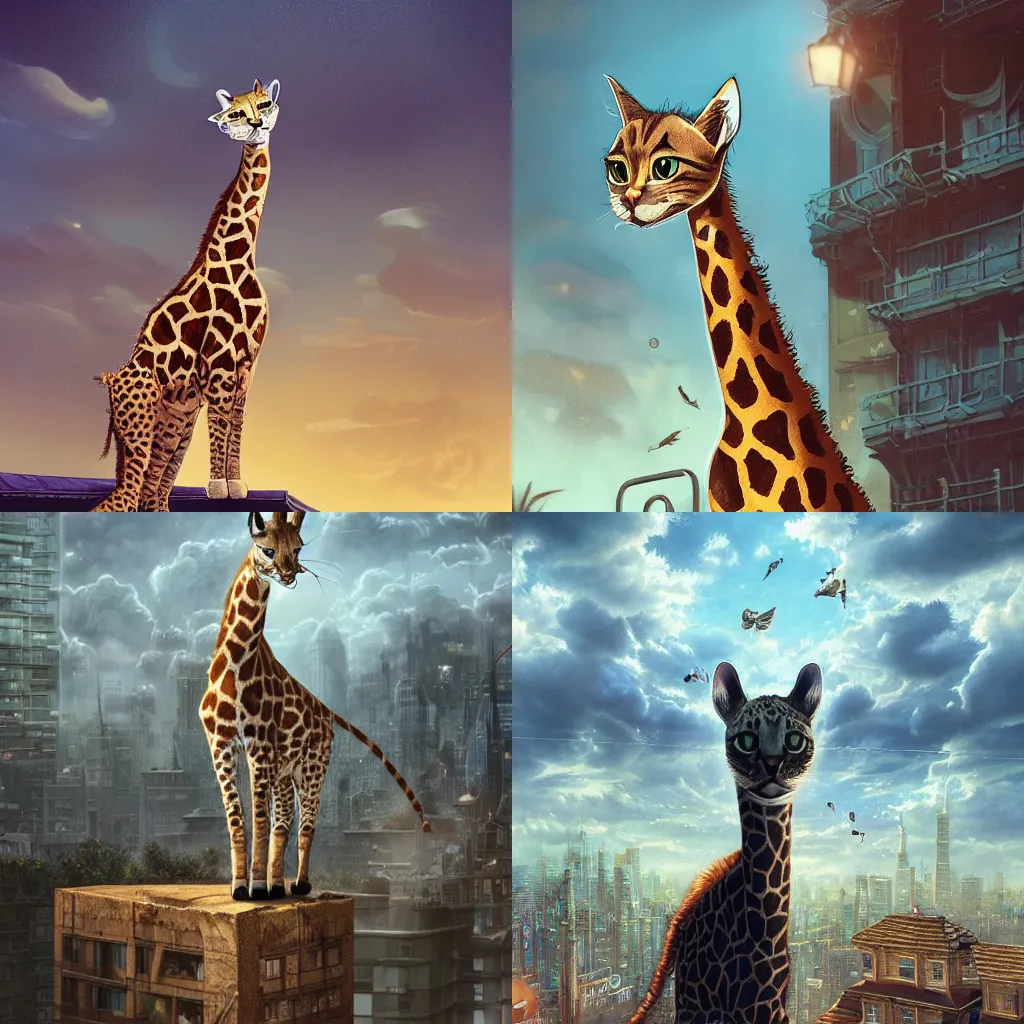 Prompt: a cat as giraffe standing on the rooftop, giraffe face, fantasy, illustration, intricate, epic lighting, cinematic composition, hyper realistic, 8 k resolution, by artgerm, tooth wu, dan mumford, beeple, wlop, rossdraws, james jean, andrei riabovitchev, marc simonetti, yoshitaka amano, artstation