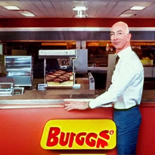 Prompt: retro photo of jeff bezos working at burger king, high quality