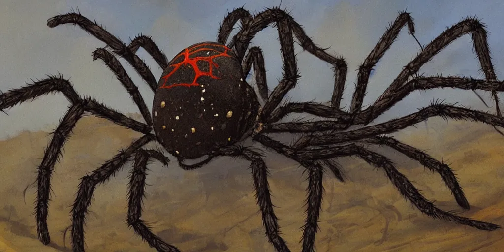 Image similar to painting of a giant spider walking in a village, surreal