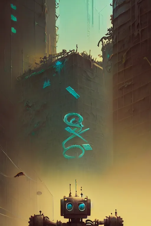 Image similar to matte painting of overgrowth extreme 3 d calligraphy graffiti tag mural maximalism robot by atey ghailan, by greg rutkowski, by greg tocchini, by james gilliard, by joe fenton, yellow, brown, black and cyan color scheme, octane render