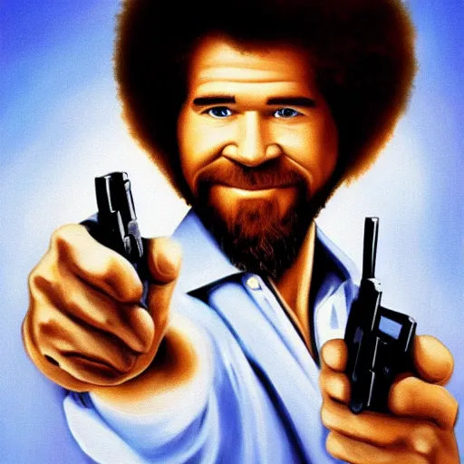 Prompt: Bob Ross with a Glock, Bob Ross painting with a handgun