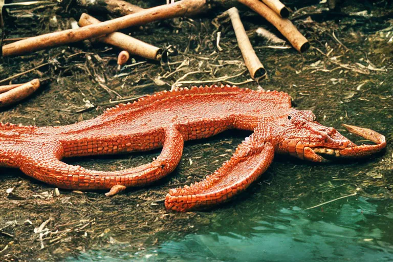 Prompt: a photo of a giant mutant cinnamon stick crocodile in its natural habitat, kodak ektachrome e 1 0 0 photography