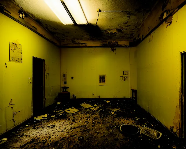 Image similar to the backrooms, the eerie forlorn atmosphere of a place that's usually bustling with people but is now abandoned and quiet, walls with tone of yellow, buzzing fluorescent lights, unsettling images, liminal space