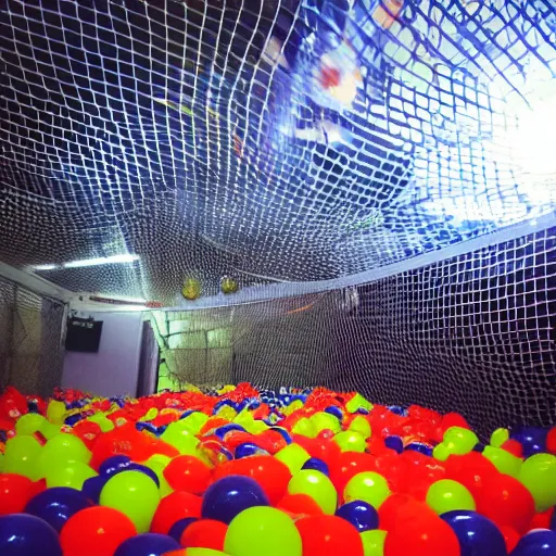 Prompt: “photo taken from a play area ball pit in a Family Fun Center after closing. Liminal lighting off in the distance.”