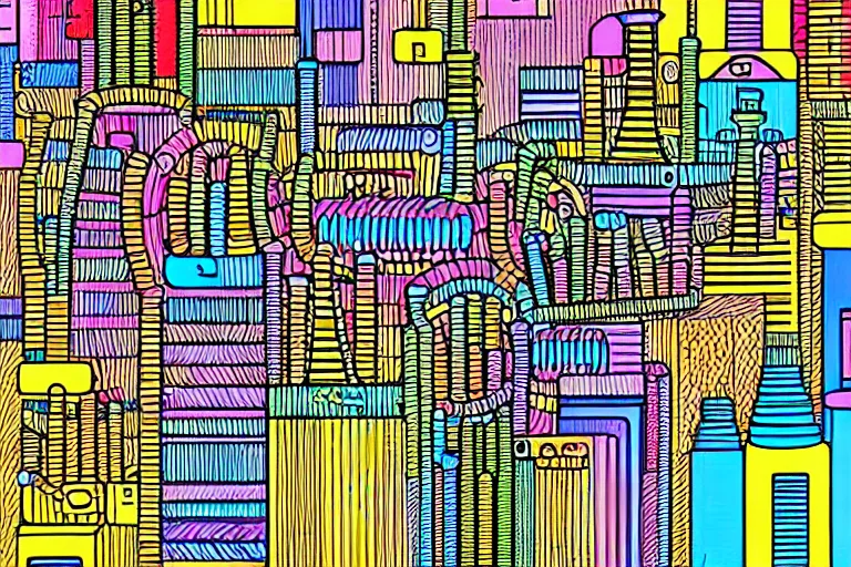 Image similar to an elaborate penned child illustration of a colorful intricate connected city of tubes and pipes, by martin handford and by jan van haasteren