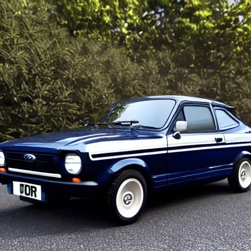 Image similar to ford escort modified navy blue, highly detailed, 8 k, masterpiece, super resolution.