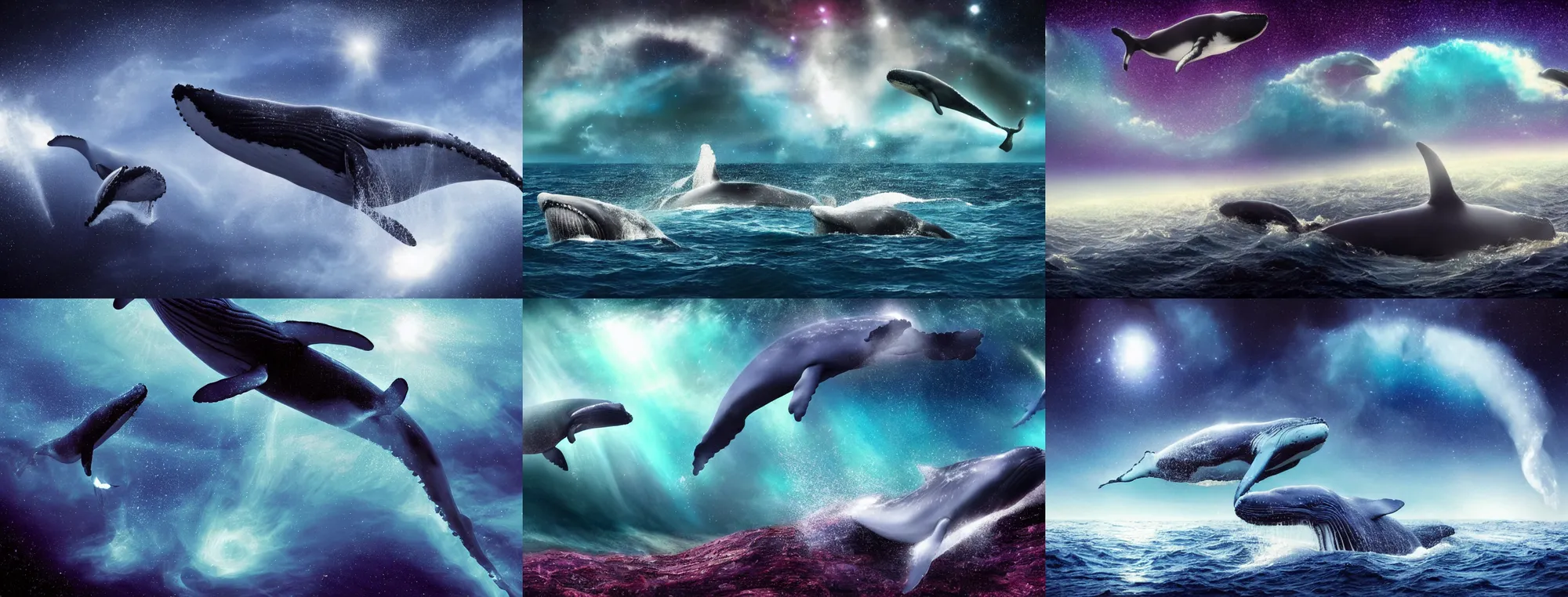 Prompt: Whales coming out of earth in galaxy, dreamy atmospheric