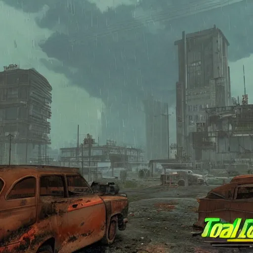 Image similar to total fallout city in a dystopian future, while it is raining radioactively and a thunderstorm is starting, high details