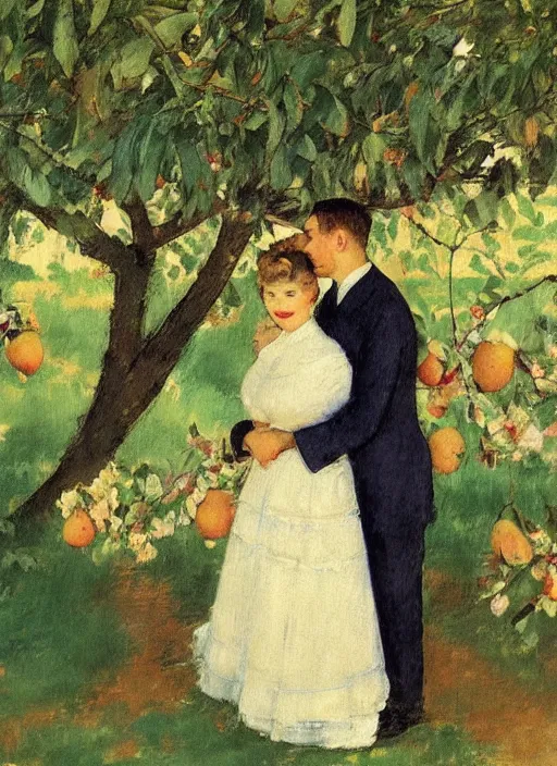 Prompt: vintage beautiful painting of two gay men getting married under a pear tree in a fruit garden in Mary Cassatt style