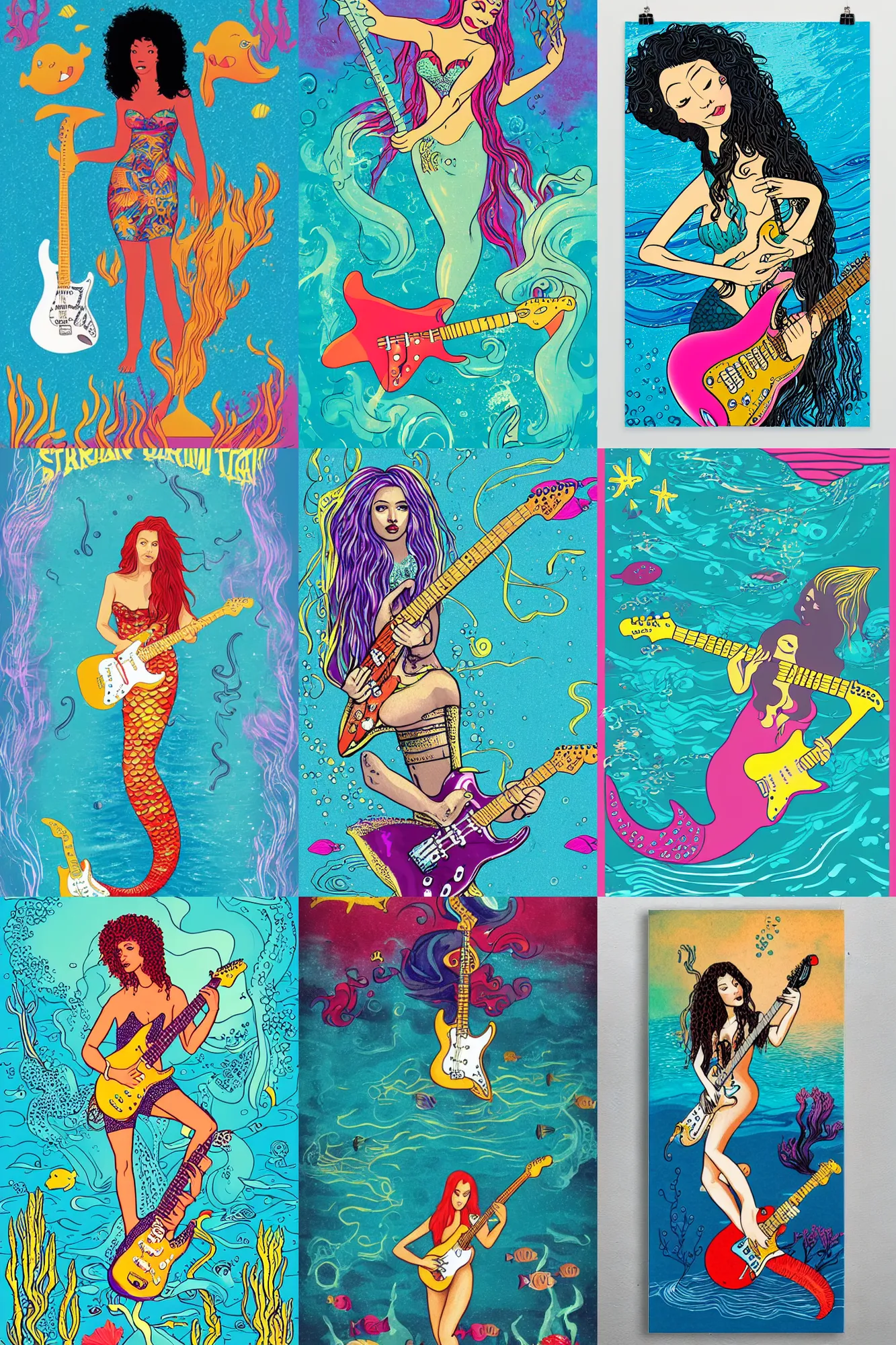 Prompt: illustration of a mermaid playing an stratocaster electric guitar, under the sea, jimi hendrix style poster