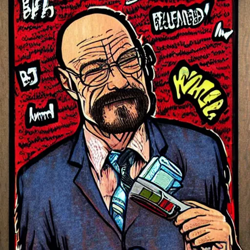 Image similar to The Artwork of R. Crumb and his Cheap Suit Breaking-Bad-Walter-White meth-lab, wearing a bio-hazard suit pencil and colored marker artwork, trailer-trash lifestyle