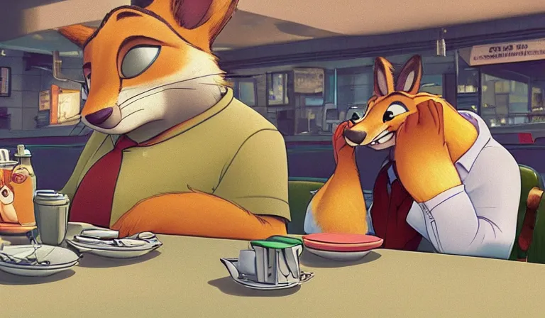 Prompt: A scene from Zootopia. Tired and lonely Nick is crying and eating dinner in a lonely diner. The diner is dimly lit and very dirty. The food is poor due to the recession. Dark, dirty and cold tones. Pixar Digital Movies