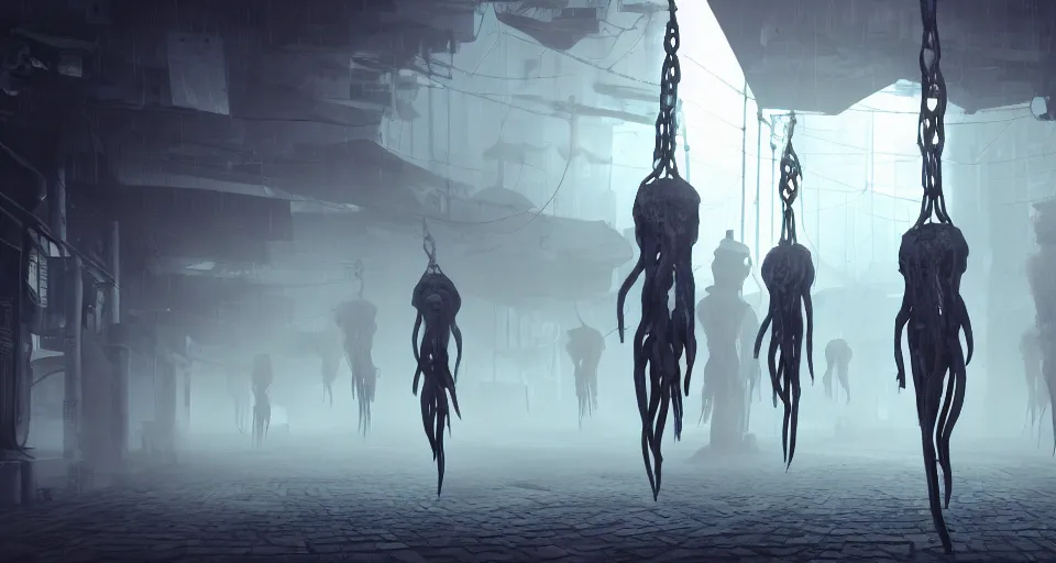 Image similar to illustration of rows of limp homunculus hanging in rows, rolling fog, cyberpunk, dystopian, dramatic lighting, unreal engine 5