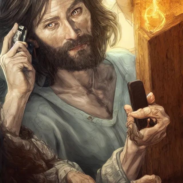 Prompt: the portrait of jesus christ talking on old phone, an ultrafine hyperdetailed illustration by kim jung gi, irakli nadar, detailed faces, intricate linework, bright colors, octopath traveler, final fantasy, unreal engine 5 highly rendered, global illumination, radiant light, detailed and intricate environment