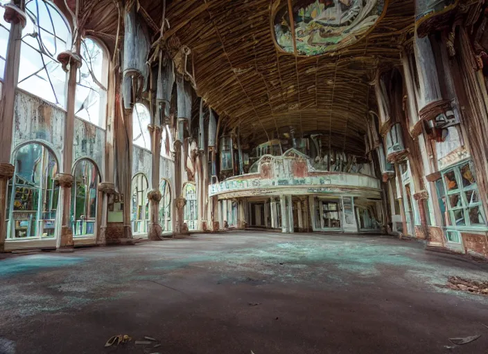 Image similar to the inside of the building Disney world park, shut down, abandoned, Florida, out of business, castle is falling apart, got shut down, kids place, liminal spaces, backrooms, empty, overgrown, Disney world, Disney land, theme park, roller coasters, Disney