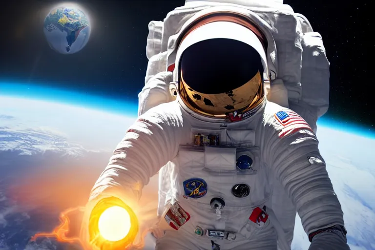 Image similar to astronaut in space wearing a spacesuit floating, earth explosion in background, highly detailed, photorealistic portrait, bright studio setting, studio lighting, crisp quality and light reflections, unreal engine 5 quality render