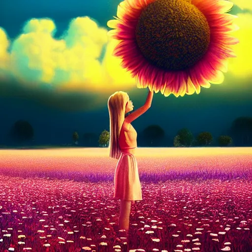 Image similar to giant daisy flower as head, full body girl floating in a flower field, surreal photography, sunrise, dramatic light, impressionist painting, colorful clouds, digital painting, artstation, simon stalenhag