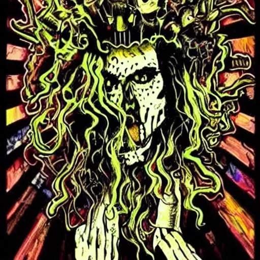 Image similar to maximalist white zombie ablumn art