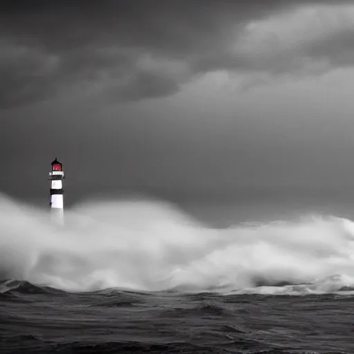 Image similar to stormy ocean at midnight, dark storm clouds overhead, lighthouse in the background concealed by fog