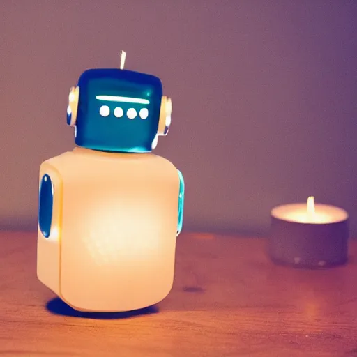 Prompt: a cute little robot sitting on a pen with a lit candle in the background by maxvanzwerg