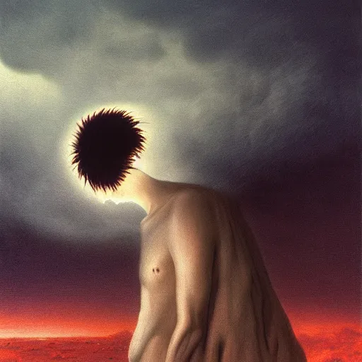 Image similar to killua zoldyck made by zdzisław beksinski, thunderstorm, 8 k, detailed, cinematic, rain, crying, black