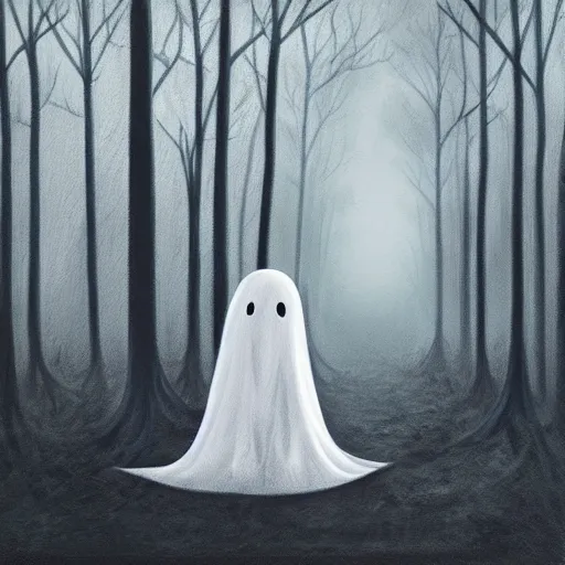 Prompt: ominous bedsheet ghost floating in a dark autumn forest, oil painting, brush strokes, gloomy foggy atmosphere, symmetrical, full body image, highly ornate intricate details,