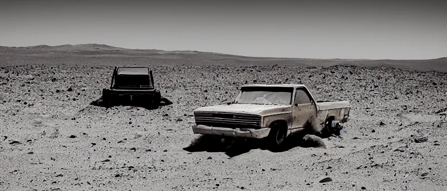 Image similar to a rusting el camino half buried in sand on the surface of mars, ancient discovery, cinematic photograph landscape, 7 5 mm canon mark 1, high contrast, moody, gritty, ambient