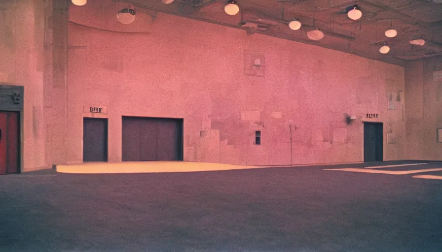 Image similar to 60s movie still of a sovietic stalinist style empty high ballroom, cinestill 800t 50mm eastmancolor, liminal Space style, heavy grain, flash-s 150