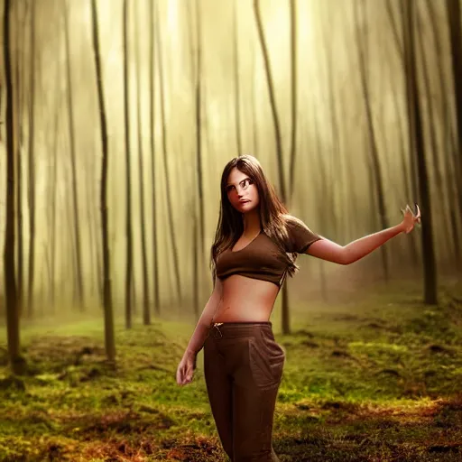 Image similar to real life photo of a beautiful girl, full body photoshoot, long brown hair, brown eyes, full round face, short smile, belly free, brown clothes, forest setting, cinematic lightning, medium shot, mid - shot, highly detailed, trending on artstation, unreal engine 4 k, 8 0 mm, 8 5 mm, cinematic wallpaper